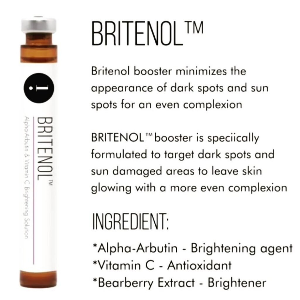 HydraFacial Britenol booster vial showcasing Alpha Arbutin and Vitamin C for dark spots and skin brightening in Bengaluru.