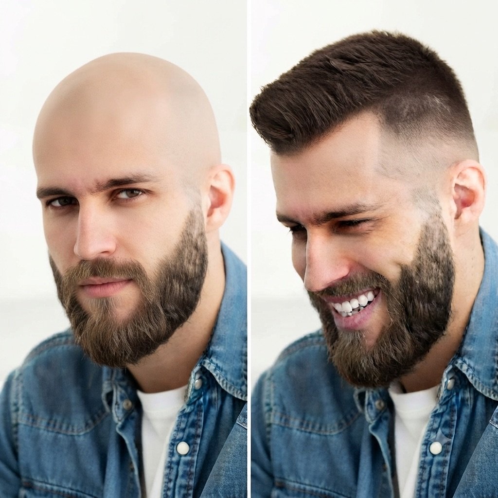 Before and after hair transplant results in Bengaluru: a patient before the procedure (left) and after a successful FUE restoration (right), showcasing the work of APSI and ASI certified surgeons at Transform Head to Toe clinics in Indiranagar, Sahakarnagar, Bellandur, and Cunningham Road.