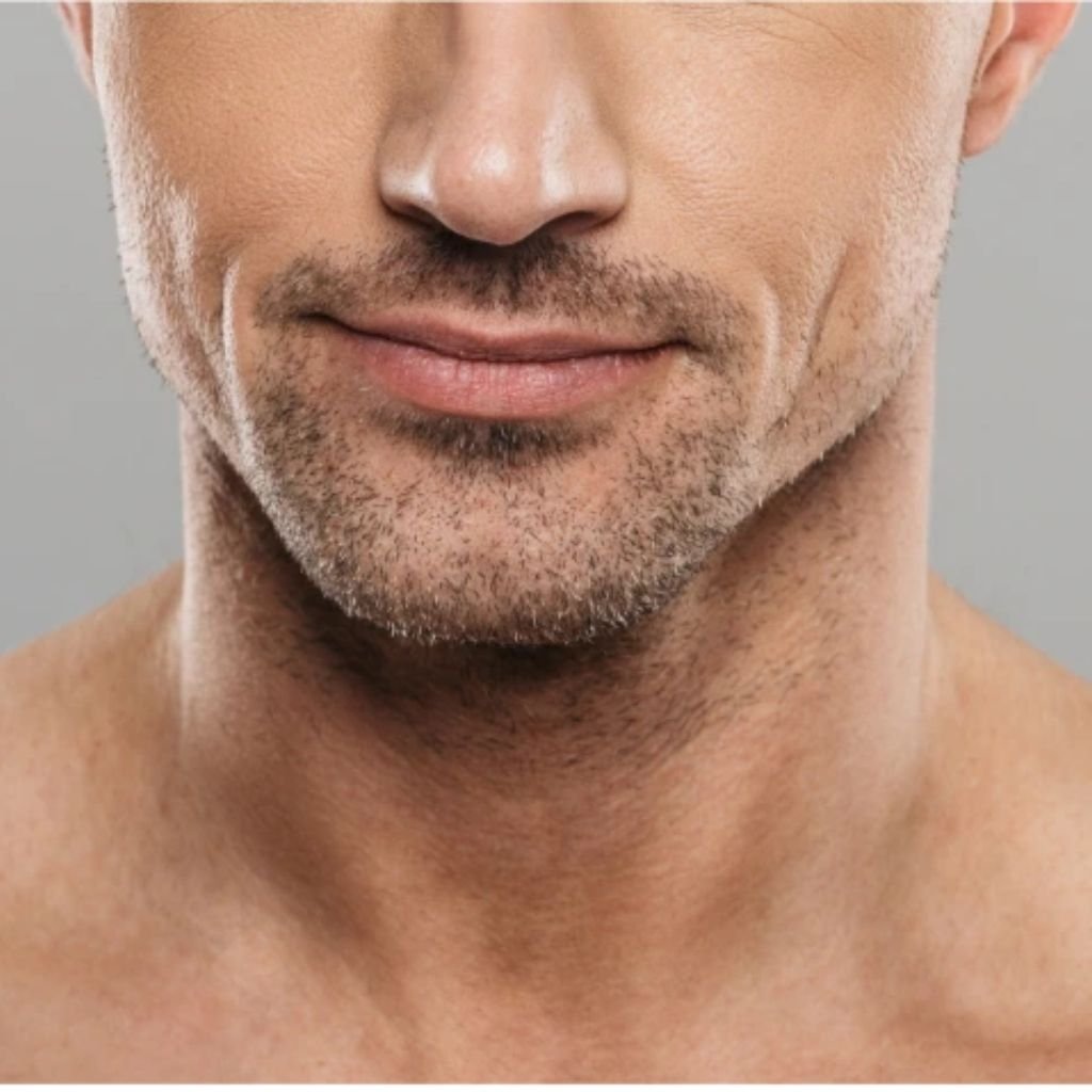 Close-up macro view of a sharp, well-defined male jawline and smooth neck contour after chin liposuction.