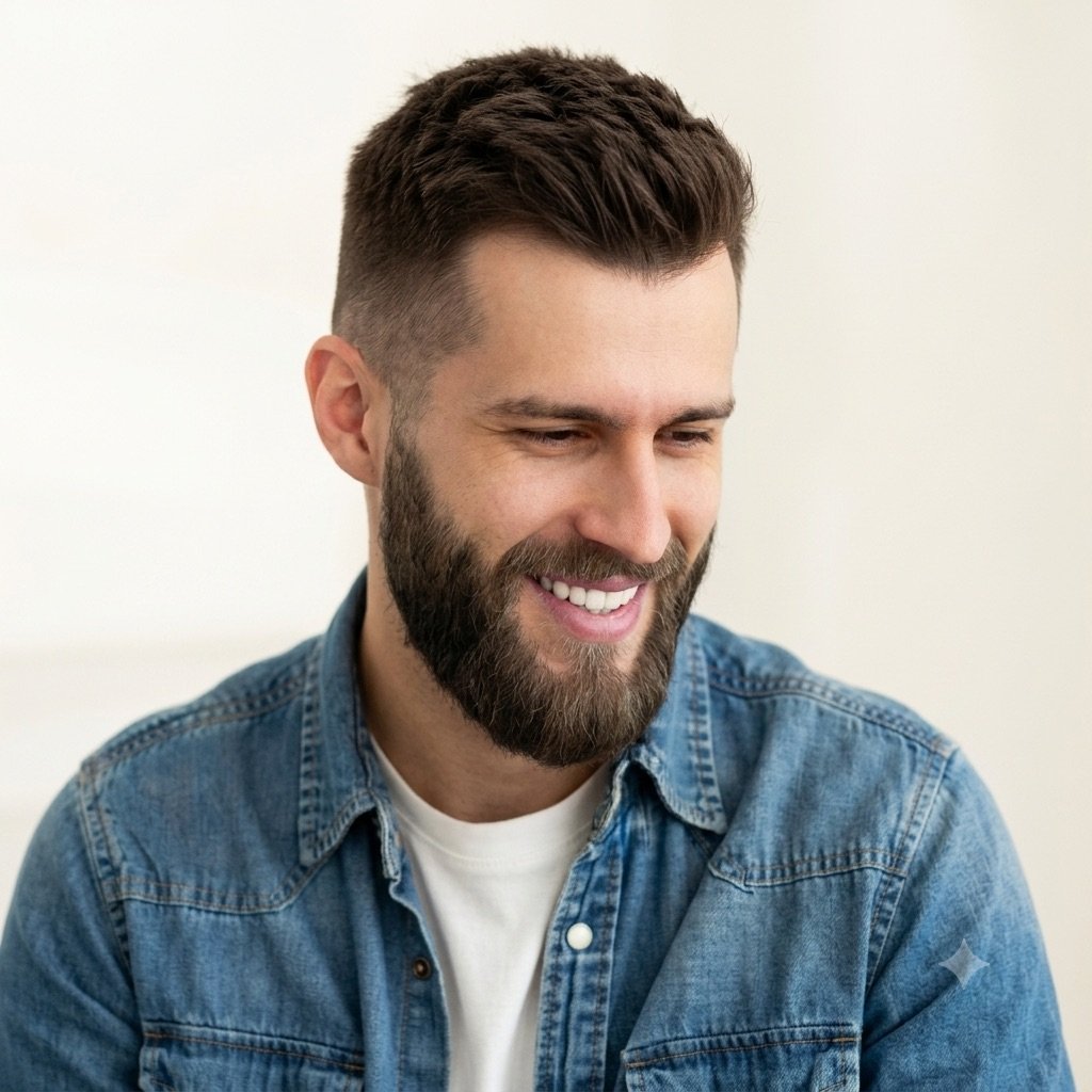 Ideal candidate success story: a smiling man with a full, thick head of natural-looking hair and a dense beard, looking confidently down. This single portrait illustrates the transformative, synchronized hair and beard restoration results available in Bengaluru at Transform Head to Toe.