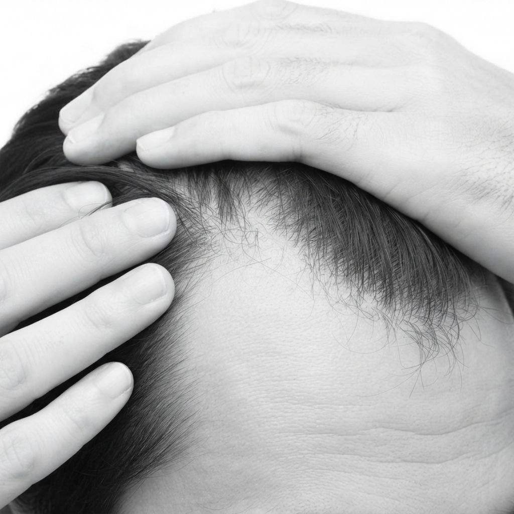 Early hair thinning assessment for GFC therapy in Bengaluru: a patient evaluating a receding hairline before non-surgical hair restoration at Transform Head to Toe clinics in Indiranagar, Koramangala, Bellandur, and Cunningham Road.