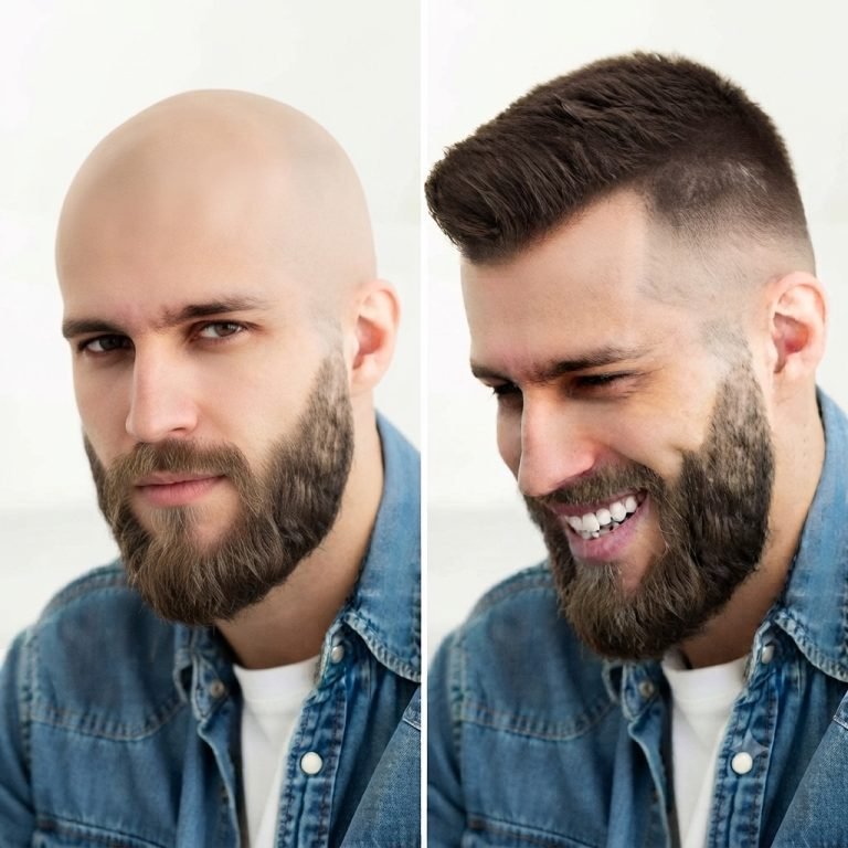 Before and after hair transplant results in Bengaluru: a patient before the procedure (left) and after a successful FUE restoration (right), showcasing the work of APSI and ASI certified surgeons at Transform Head to Toe clinics in Indiranagar, Sahakarnagar, Bellandur, and Cunningham Road.